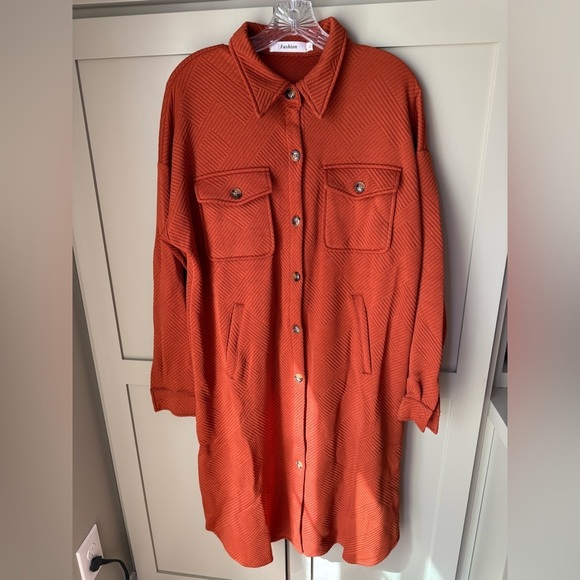 Classic Fashion Jackets & Blazers - NWT Orange Textured Button-Up Shacket SZ XL; Tonal Geometric Pattern